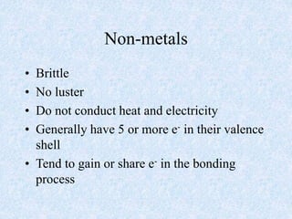 Non-metals
• Brittle
• No luster
• Do not conduct heat and electricity
• Generally have 5 or more e- in their valence
shell
• Tend to gain or share e- in the bonding
process
 