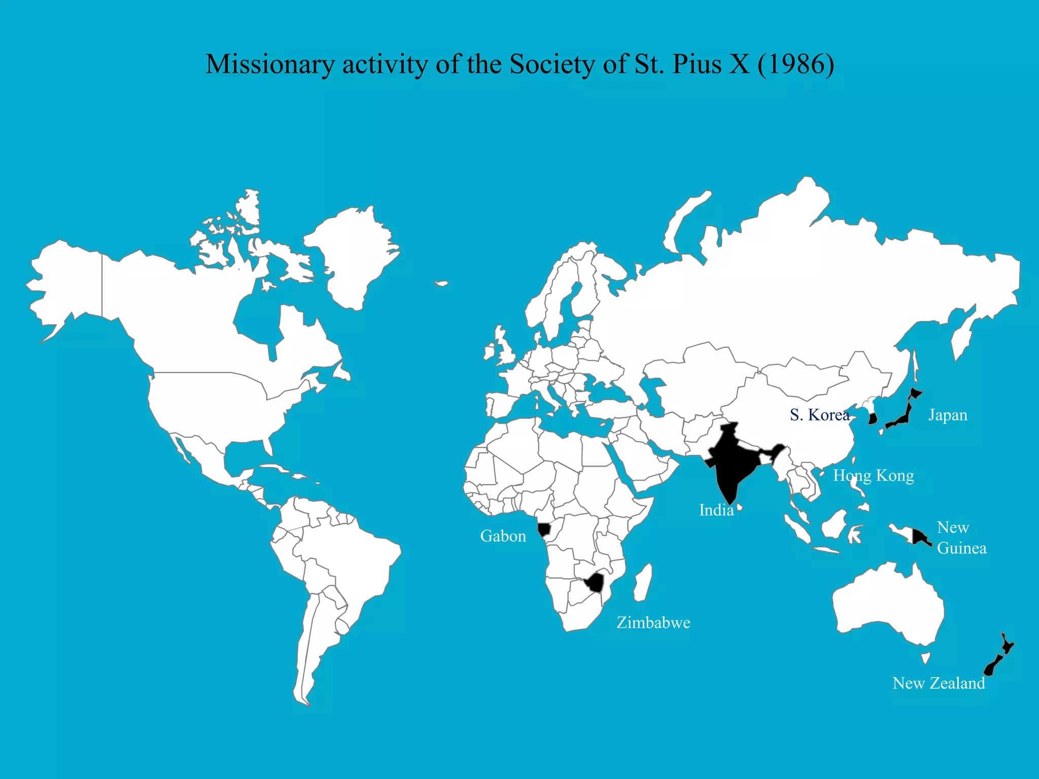 Missionary activity of the Society of St. Pius X (1986)
Gabon
Japan
Zimbabwe
India
New Zealand
Hong Kong
New
Guinea
S. Korea
 