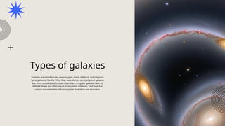 Types of galaxies
Galaxies are classified into several types: spiral, elliptical, and irregular.
Spiral galaxies, like the Milky Way, have distinct arms; elliptical galaxies
are more rounded and contain older stars; irregular galaxies have no
defined shape and often result from cosmic collisions. Each type has
unique characteristics influencing star formation and evolution.
 