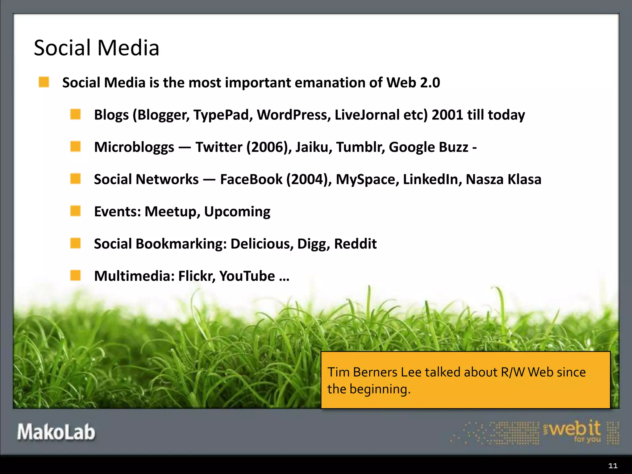 History of the WebAugust 6, 1990: The Debiut of the first public WWW server („The WorldWideWeb (WWW) projectaims to allowlinks to be made to anyinformationanywhere”) – announced on alt.hypertext.newsgroupApril 1992 — First Browsers(in UNIX/xWindows systems): graphical: Erwise/ViolaWWW, textbased: LynxFebruary 1993 —Mosaic (Unix) browserJune 1993 — Cello (Windows) browserApril 1994 — NetscapeNavigatorThe Web was borninacademic environment7