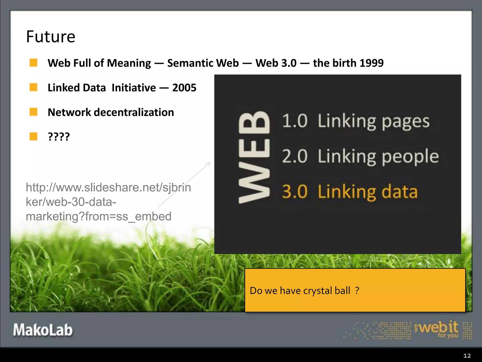 History of the WebMay 1994 – The first International WWW  conference (organised by Roberta Cailliau) w CERNSeptember 1994 — Berners-Leecreates WWW consortium at MIT (USA) 1995-1998 – the first wave of webcommertialization (Amazon.com , ebay – 1995;  „The Big Online Holiday Extravaganza” – 1,2 mld $ December 1998)1996 – Microsoft finally „discovers” Web – the war of browsers (won by MS  1999 and lostinlastyears)1999 –  Napstercreated1991-2001 — Dotcoms – Stock Market BubblesThe pace of web development isfasterthan of anyother medium8
