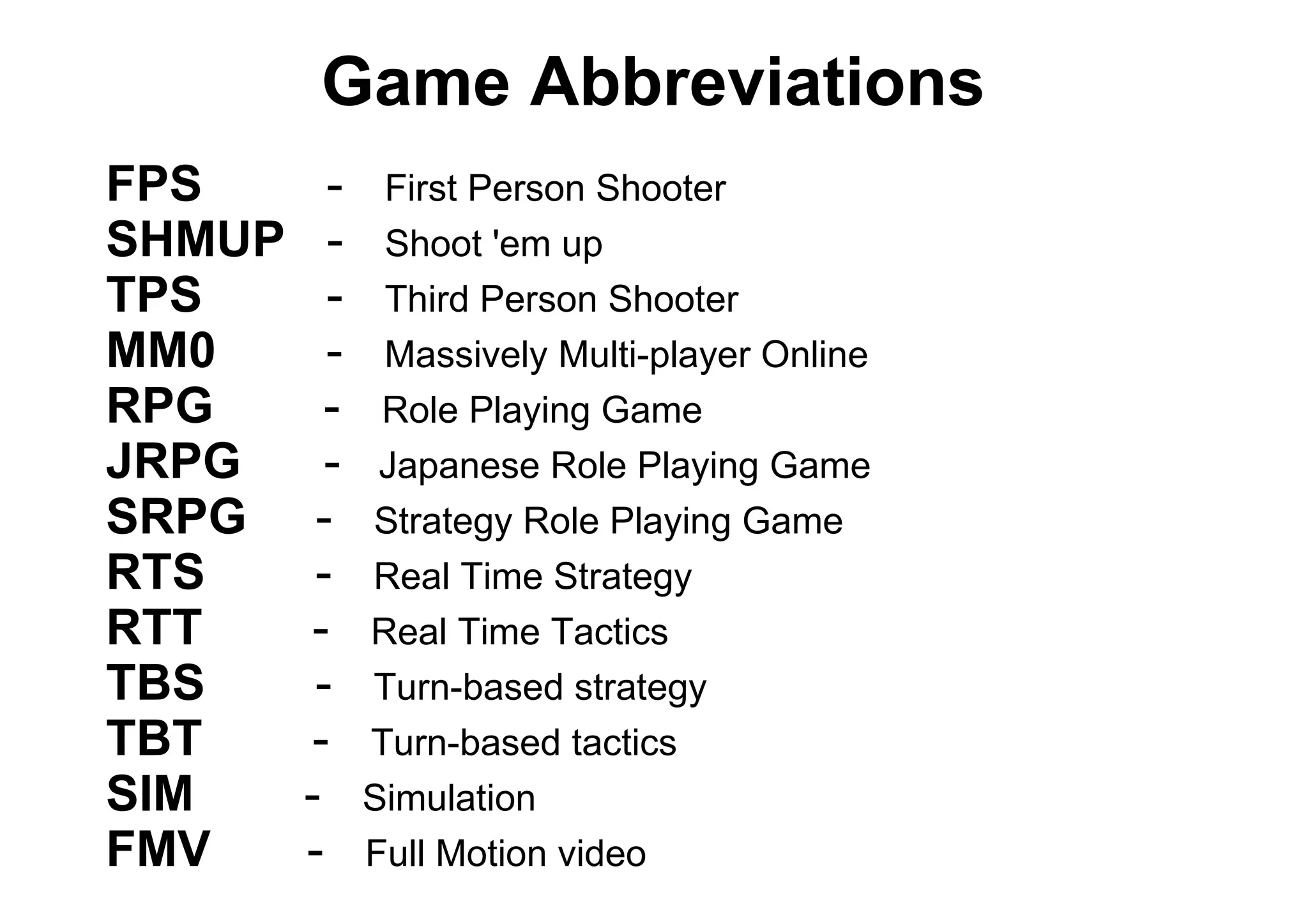 Game Abbreviations
FPS - First Person Shooter
SHMUP - Shoot 'em up
TPS - Third Person Shooter
MM0 - Massively Multi-player Online
RPG - Role Playing Game
JRPG - Japanese Role Playing Game
SRPG - Strategy Role Playing Game
RTS - Real Time Strategy
RTT - Real Time Tactics
TBS - Turn-based strategy
TBT - Turn-based tactics
SIM - Simulation
FMV - Full Motion video
 