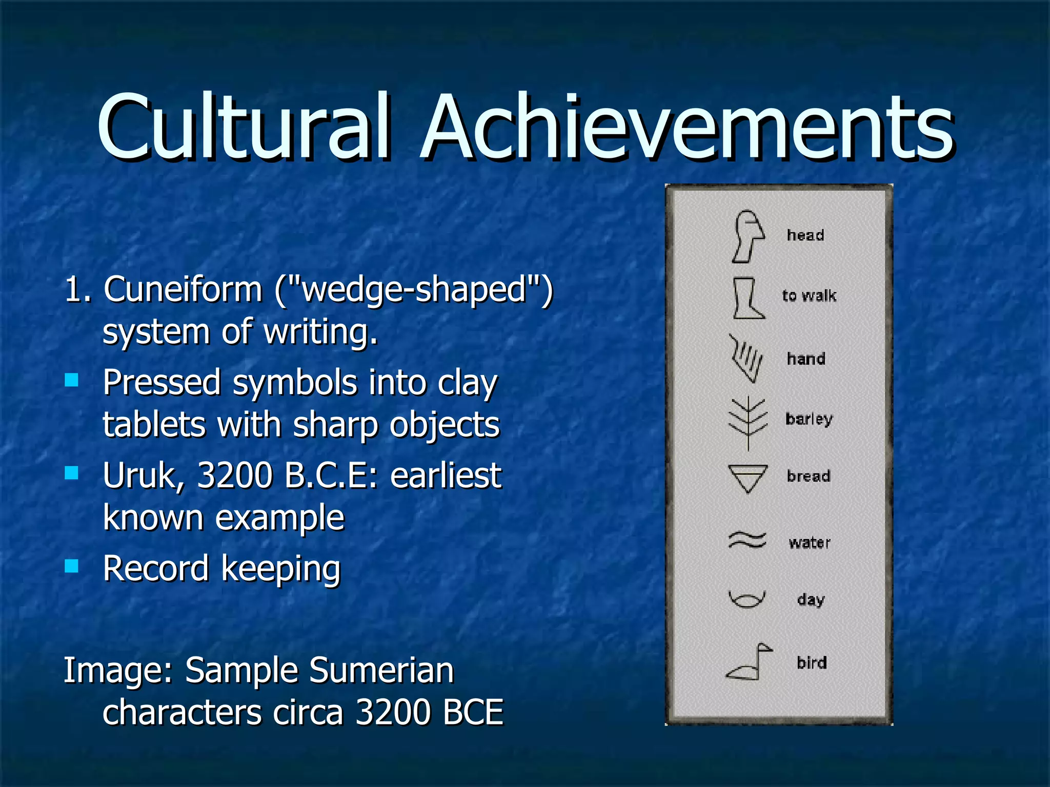 Cultural Achievements 1. Cuneiform ("wedge-shaped") system of writing.  Pressed symbols into clay tablets with sharp objects Uruk, 3200 B.C.E: earliest known example Record keeping Image: Sample Sumerian characters circa 3200 BCE  