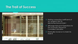 The Trail of Success 
 Starting computing coefficients of 
arc tangents with an 
electromechanical Mark I 
 500-page Manual of Operations for 
the Automatic Sequence- 
Controlled Calculator 
 Eventually moved on to Mark II & 
Mark III 
 