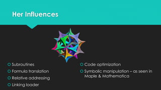Her Influences 
 Subroutines 
 Formula translation 
 Relative addressing 
 Linking loader 
 Code optimization 
 Symbolic manipulation – as seen in 
Maple & Mathematica 
 