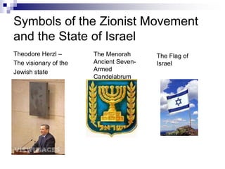 Symbols of the Zionist Movement
and the State of Israel
Theodore Herzl –
The visionary of the
Jewish state
The Menorah
Ancient Seven-
Armed
Candelabrum
The Flag of
Israel
 