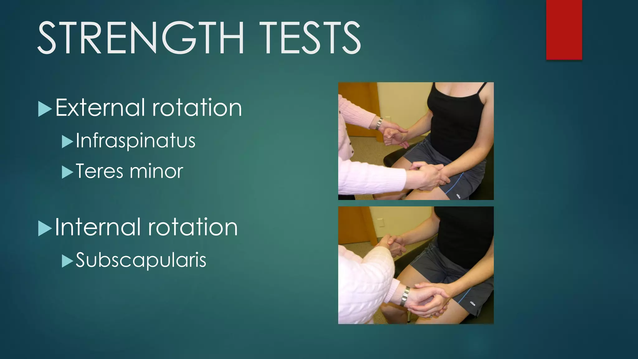 STRENGTH TESTS
External rotation
Infraspinatus
Teres minor
Internal rotation
Subscapularis
 