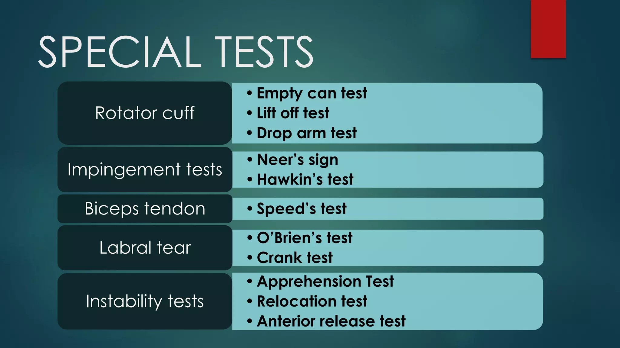 SPECIAL TESTS
•Empty can test
•Lift off test
•Drop arm test
Rotator cuff
•Neer’s sign
•Hawkin’s test
Impingement tests
•Speed’s testBiceps tendon
•O’Brien’s test
•Crank test
Labral tear
•Apprehension Test
•Relocation test
•Anterior release test
Instability tests
 