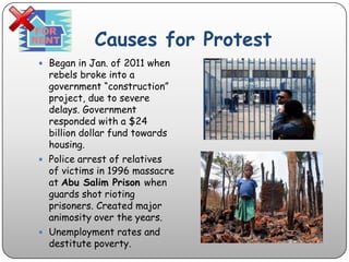 Causes for ProtestBegan in Jan. of 2011 when rebels broke into a government “construction” project, due to severe delays. Government responded with a $24 billion dollar fund towards housing. Police arrest of relatives of victims in 1996 massacre at Abu Salim Prison when guards shot rioting prisoners. Created major animosity over the years.Unemployment rates and destitute poverty. 