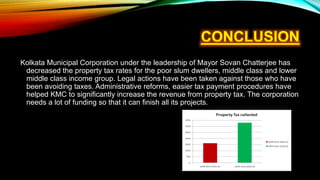 Kolkata Municipal Corporation under the leadership of Mayor Sovan Chatterjee has
decreased the property tax rates for the poor slum dwellers, middle class and lower
middle class income group. Legal actions have been taken against those who have
been avoiding taxes. Administrative reforms, easier tax payment procedures have
helped KMC to significantly increase the revenue from property tax. The corporation
needs a lot of funding so that it can finish all its projects.
 