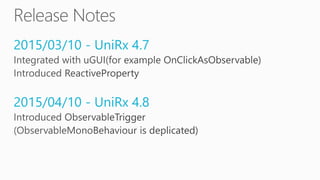 2015/03/10 - UniRx 4.7
2015/04/10 - UniRx 4.8
 