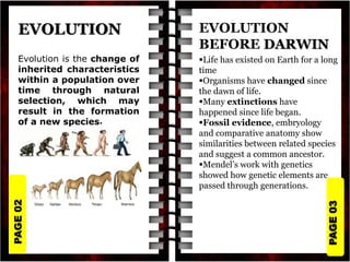 PAGE
03
PAGE
02
Evolution is the change of
inherited characteristics
within a population over
time through natural
selection, which may
result in the formation
of a new species.
EVOLUTION EVOLUTION
BEFORE DARWIN
Life has existed on Earth for a long
time
Organisms have changed since
the dawn of life.
Many extinctions have
happened since life began.
Fossil evidence, embryology
and comparative anatomy show
similarities between related species
and suggest a common ancestor.
Mendel’s work with genetics
showed how genetic elements are
passed through generations.
 