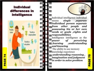 PAGE
75
PAGE
74
Individual intelligence individual
means single ,separate
Individual person separate
from other people and
possessing his or her own
needs or goals ,rights and
responsibilities
Intelligence intelligence as the
power of perceiving
,learning ,understanding
and knowing
The ability to use memory
knowledge experience
,understanding reasoning ,
imagination and judgment
in order to solve problem
 