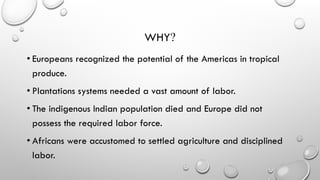 WHY?
• Europeans recognized the potential of the Americas in tropical
produce.
• Plantations systems needed a vast amount of labor.
• The indigenous Indian population died and Europe did not
possess the required labor force.
• Africans were accustomed to settled agriculture and disciplined
labor.
 