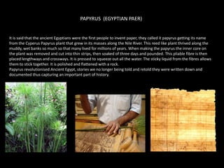 PAPYRUS  (EGYPTIAN PAER)It is said that the ancient Egyptians were the first people to invent paper, they called it papyrus getting its name from the Cyperus Papyrus plant that grew in its masses along the Nile River. This reed like plant thrived along the muddy, wet banks so much so that many lived for millions of years. When making the papyrus the inner core on the plant was removed and cut into thin strips, then soaked of three days and pounded. This pliable fibre is then placed lengthways and crossways. It is pressed to squeeze out all the water. The sticky liquid from the fibres allows them to stick together. It is polished and flattened with a rock.Papyrus revolutionised Ancient Egypt, stories we no longer being told and retold they were written down and documented thus capturing an important part of history.