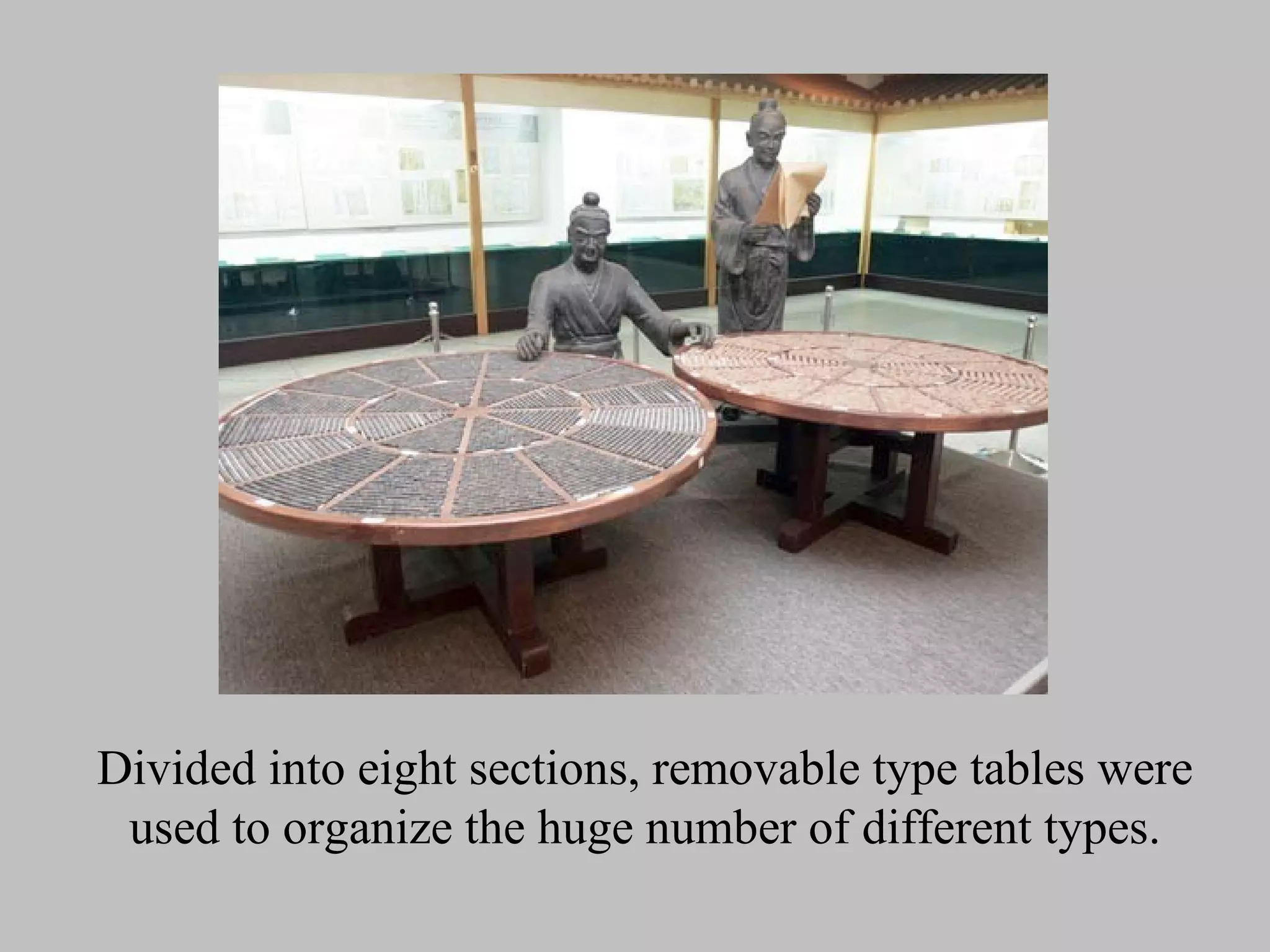 Divided into eight sections, removable type tables were
 used to organize the huge number of different types.
 