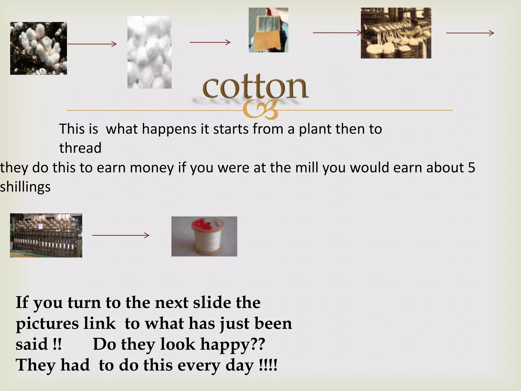  a plant then to
         This is what happens it starts from
          thread
they do this to earn money if you were at the mill you would earn about 5
shillings




  If you turn to the next slide the
  pictures link to what has just been
  said !!    Do they look happy??
  They had to do this every day !!!!
 