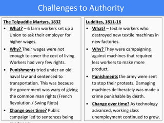 Challenges to Authority
The Tolpuddle Martyrs, 1832
• What? – 6 farm workers set up a
Union to ask their employer for
higher wages.
• Why? Their wages were not
enough to cover the cost of living.
Workers had very few rights.
• Punishments tried under an old
naval law and sentenced to
transportation. This was because
the government was wary of giving
the common man rights (French
Revolution / Swing Riots)
• Change over time? Public
campaign led to sentences being
Luddites, 1811-16
• What? – textile workers who
destroyed new textile machines in
new factories.
• Why? They were campaigning
against machines that required
less workers to make more
product.
• Punishments the army were sent
to stop their protests. Damaging
machines deliberately was made a
crime punishable by death.
• Change over time? As technology
advanced, working class
unemployment continued to grow.
 
