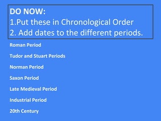 DO NOW:
1.Put these in Chronological Order
2. Add dates to the different periods.
Roman Period
Tudor and Stuart Periods
Norman Period
Saxon Period
Late Medieval Period
Industrial Period
20th Century
 