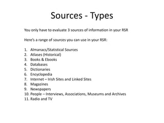History rsr from the idea to sources history teachers of ireland ...