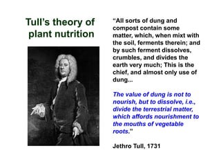 Tull’s theory of   “All sorts of dung and
                   compost contain some
 plant nutrition   matter, which, when mixt with
                   the soil, ferments therein; and
                   by such ferment dissolves,
                   crumbles, and divides the
                   earth very much; This is the
                   chief, and almost only use of
                   dung...

                   The value of dung is not to
                   nourish, but to dissolve, i.e.,
                   divide the terrestrial matter,
                   which affords nourishment to
                   the mouths of vegetable
                   roots.”

                   Jethro Tull, 1731
 