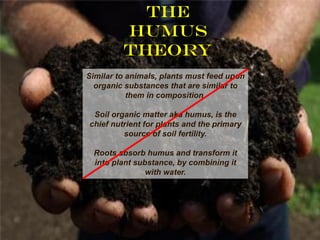 The
         humus
         theory
Similar to animals, plants must feed upon
  organic substances that are similar to
           them in composition.

 Soil organic matter aka humus, is the
chief nutrient for plants and the primary
         source of soil fertility.

 Roots absorb humus and transform it
 into plant substance, by combining it
               with water.
 