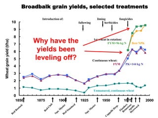 Broadbalk grain yields, selected treatments

                                       Introduction of:                 liming          fungicides
                           10                             fallowing          herbicides

                            9

                            8
                                    Why have the                      1st wheat in rotation:
Wheat grain yield (t/ha)




                            7                                                    FYM+96 kg N     Best NPK

                            6        yields been
                            5       leveling off?                     Continuous wheat:
                                                                                    FYM     PK+144 kg N
                            4

                            3

                            2

                            1
                                                                      Unmanured, continuous wheat
                            0
                            1850     1875          1900    1925            1950            1975             2000
 