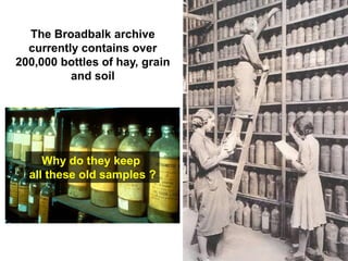 The Broadbalk archive
  currently contains over
200,000 bottles of hay, grain
          and soil




     Why do they keep
  all these old samples ?
 