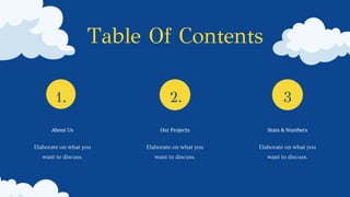 Our Projects
Elaborate on what you
want to discuss.
About Us
Elaborate on what you
want to discuss.
Stats & Numbers
Elaborate on what you
want to discuss.
Table Of Contents
1. 2. 3
.
 