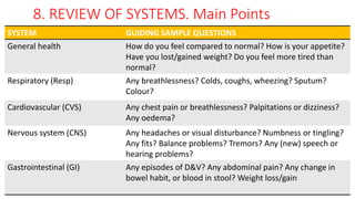 8. REVIEW OF SYSTEMS. Main Points
SYSTEM GUIDING SAMPLE QUESTIONS
General health How do you feel compared to normal? How is your appetite?
Have you lost/gained weight? Do you feel more tired than
normal?
Respiratory (Resp) Any breathlessness? Colds, coughs, wheezing? Sputum?
Colour?
Cardiovascular (CVS) Any chest pain or breathlessness? Palpitations or dizziness?
Any oedema?
Nervous system (CNS) Any headaches or visual disturbance? Numbness or tingling?
Any fits? Balance problems? Tremors? Any (new) speech or
hearing problems?
Gastrointestinal (GI) Any episodes of D&V? Any abdominal pain? Any change in
bowel habit, or blood in stool? Weight loss/gain
 