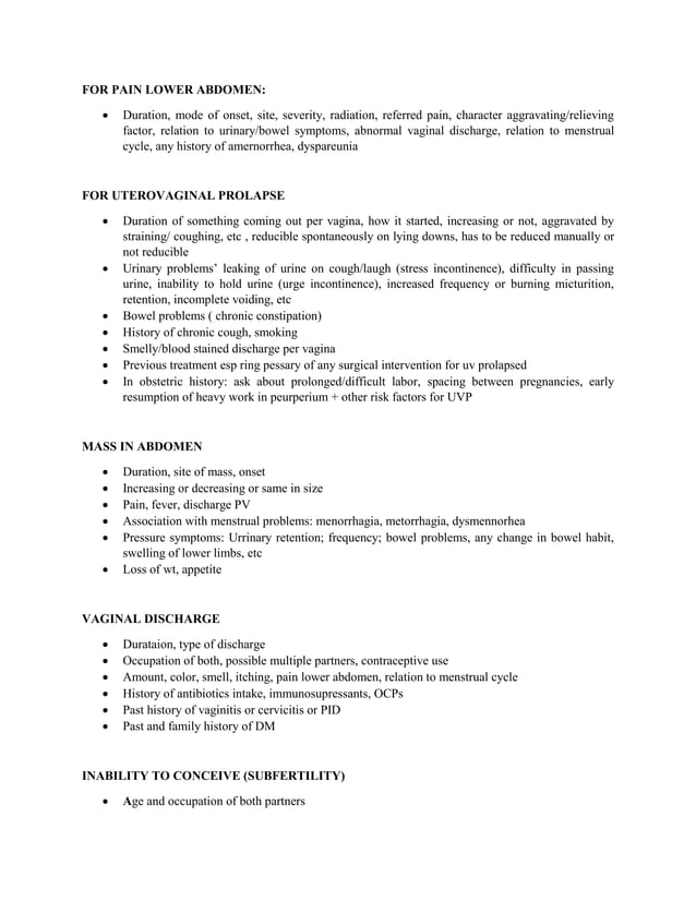 History taking format for gyne | PDF | Pregnancy | Reproductive Health