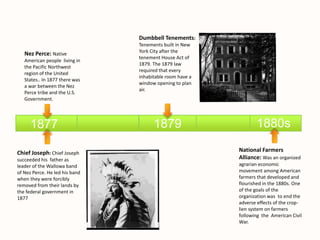 1877 1879 1880s215 
This is an example text. Go 
ahead an replace it with 
your own text. 
Nez Perce: Native 
American people living in 
the Pacific Northwest 
region of the United 
States.. In 1877 there was 
a war between the Nez 
Perce tribe and the U.S. 
Government. 
This is an example text. Go 
ahead an replace it with 
your own text. 
Chief Joseph: Chief Joseph 
succeeded his father as 
leader of the Wallowa band 
of Nez Perce. He led his band 
when they were forcibly 
removed from their lands by 
the federal government in 
1877 
Dumbbell Tenements: 
Tenements built in New 
York City after the 
tenement House Act of 
1879. The 1879 law 
required that every 
inhabitable room have a 
window opening to plan 
air. 
This is an example text. Go 
ahead an replace it with 
your own text. 
National Farmers 
Alliance: Was an organized 
agrarian economic 
movement among American 
farmers that developed and 
flourished in the 1880s. One 
of the goals of the 
organization was to end the 
adverse effects of the crop-lien 
system on farmers 
following the American Civil 
War. 
 