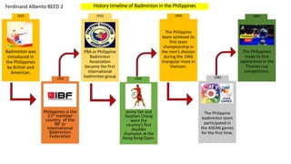 History timeline of Badminton in the Philippines
Badminton was
introduced in
the Philippines
by British and
American.
1950
Philippines is the
21st member
country of the
IBF or
International
Badminton
Federation
PBA or Philippine
Badminton
Association
became the first
international
badminton group
1952
Jonny Yan and
Stephen Cheng
were the
country’s first
doubles
champion at the
Hong Kong Open.
1962
1920 1966
1981
The Philippine
team achieved its
first team
championship in
the men’s division
during the 1966
triangular meet in
Vietnam.
The Philippine
badminton team
participated in
the ASEAN games
for the first time.
The Philippines
made its first
appearance in the
Thomas cup
competitions.
1984
Ferdinand Albento BEED 2
 