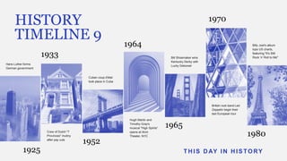 HISTORY
TIMELINE 9
Hans Luther forms
German government
1925
1933
Crew of Dutch "7
Provinces" mutiny
after pay cuts
Cuban coup d'état
took place in Cuba
1952
1964
Hugh Martin and
Timothy Gray's
musical "High Spirits”
opens at Alvin
Theater, NYC
Bill Shoemaker wins
Kentucky Derby with
Lucky Debonair
1965
1970
British rock band Led
Zeppelin begin their
last European tour
Billy Joel's album
tops US charts,
featuring "It's Still
Rock 'n' Roll to Me"
1980
TH IS D AY IN H ISTORY
 