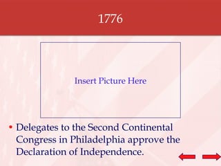 1776 Delegates to the Second Continental Congress in Philadelphia approve the Declaration of Independence. Insert Picture Here 