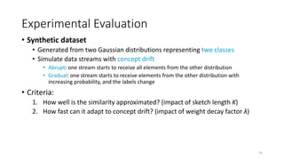 Experimental Evaluation
• Synthetic dataset
• Generated from two Gaussian distributions representing two classes
• Simulat...