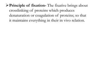 Principle of fixation- The fixative brings about
crosslinking of proteins which produces
denaturation or coagulation of proteins; so that
it maintains everything in their in vivo relation.
 
