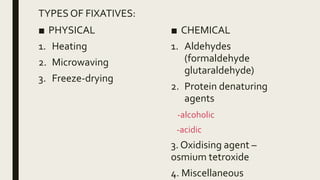 TYPES OF FIXATIVES:
■ PHYSICAL
1. Heating
2. Microwaving
3. Freeze-drying
■ CHEMICAL
1. Aldehydes
(formaldehyde
glutaraldehyde)
2. Protein denaturing
agents
-alcoholic
-acidic
3. Oxidising agent –
osmium tetroxide
4. Miscellaneous
 