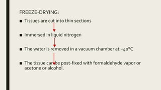 FREEZE-DRYING:
■ Tissues are cut into thin sections
■ Immersed in liquid nitrogen
■ The water is removed in a vacuum chamber at −40°C
■ The tissue can be post-fixed with formaldehyde vapor or
acetone or alcohol.
 