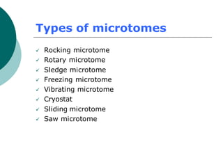 Types of microtomes
✓ Rocking microtome
✓ Rotary microtome
✓ Sledge microtome
✓ Freezing microtome
✓ Vibrating microtome
✓ Cryostat
✓ Sliding microtome
✓ Saw microtome
 