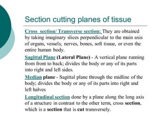Section cutting planes of tissue
Cross section/ Transverse section: They are obtained
by taking imaginary slices perpendicular to the main axis
of organs, vessels, nerves, bones, soft tissue, or even the
entire human body.
Sagittal Plane (Lateral Plane) - A vertical plane running
from front to back; divides the body or any of its parts
into right and left sides.
Median plane - Sagittal plane through the midline of the
body; divides the body or any of its parts into right and
left halves
Longitudinal section done by a plane along the long axis
of a structure in contrast to the other term, cross section,
which is a section that is cut transversely.
 