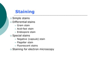 Staining
 Simple stains
 Differential stains
⚫ Gram stain
⚫ Acid-fast stain
⚫ Endospore stain
 Special stains
⚫ Negative (capsule) stain
⚫ Flagellar stain
⚫ Fluorescent stains
 Staining for electron microscopy
 