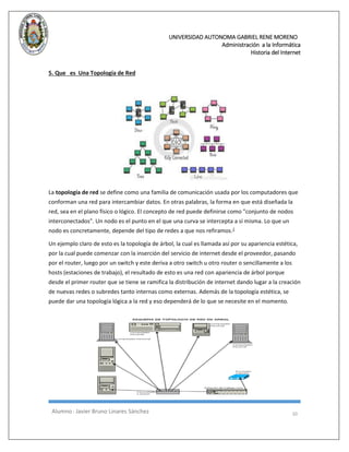 UNIVERSIDAD AUTONOMA GABRIEL RENE MORENO 
Administración a la Informática 
Historia del Internet 
Alumno : Javier Bruno Linares Sánchez 10 
5. Que es Una Topología de Red 
La topología de red se define como una familia de comunicación usada por los computadores que conforman una red para intercambiar datos. En otras palabras, la forma en que está diseñada la red, sea en el plano físico o lógico. El concepto de red puede definirse como "conjunto de nodos interconectados". Un nodo es el punto en el que una curva se intercepta a sí misma. Lo que un nodo es concretamente, depende del tipo de redes a que nos refiramos.1 Un ejemplo claro de esto es la topología de árbol, la cual es llamada así por su apariencia estética, por la cual puede comenzar con la inserción del servicio de internet desde el proveedor, pasando por el router, luego por un switch y este deriva a otro switch u otro router o sencillamente a los hosts (estaciones de trabajo), el resultado de esto es una red con apariencia de árbol porque desde el primer router que se tiene se ramifica la distribución de internet dando lugar a la creación de nuevas redes o subredes tanto internas como externas. Además de la topología estética, se puede dar una topología lógica a la red y eso dependerá de lo que se necesite en el momento. 
 