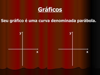 Gráficos Seu gráfico é uma curva denominada parábola. x y x y 
