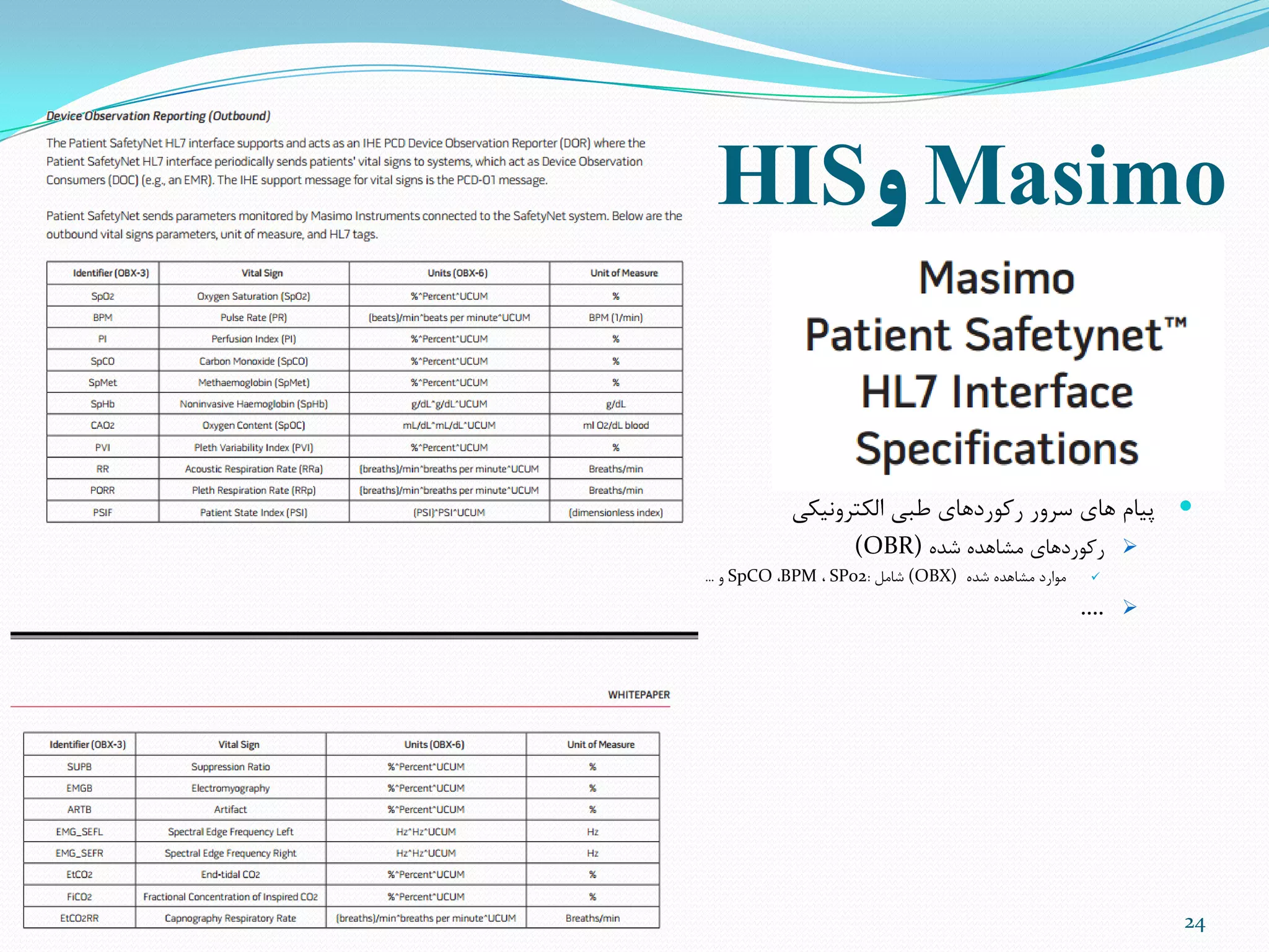 Masimo‫و‬HIS
24
‫النتزًٍینی‬ ‫طثی‬ ‫رمَردّای‬ ‫سزٍر‬ ‫ّای‬ ‫پیام‬
ُ‫ضذ‬ ُ‫هطاّذ‬ ‫رمَردّای‬(OBR)
ُ‫ضذ‬ ُ‫هطاّذ‬ ‫هَارد‬(OBX)‫ضاهل‬:SPo2،BPM،SpCOٍ...
….
 