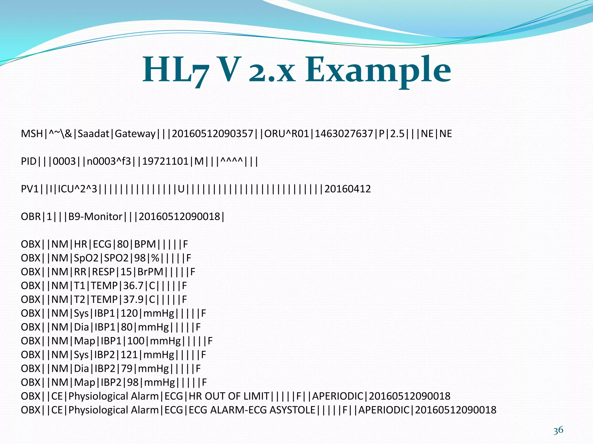 HL7 V 2.x Example
MSH|^~&|Saadat|Gateway|||20160512090357||ORU^R01|1463027637|P|2.5|||NE|NE
PID|||0003||n0003^f3||19721101|M|||^^^^|||
PV1||I|ICU^2^3|||||||||||||||U||||||||||||||||||||||||||20160412
OBR|1|||B9-Monitor|||20160512090018|
OBX||NM|HR|ECG|80|BPM|||||F
OBX||NM|SpO2|SPO2|98|%|||||F
OBX||NM|RR|RESP|15|BrPM|||||F
OBX||NM|T1|TEMP|36.7|C|||||F
OBX||NM|T2|TEMP|37.9|C|||||F
OBX||NM|Sys|IBP1|120|mmHg|||||F
OBX||NM|Dia|IBP1|80|mmHg|||||F
OBX||NM|Map|IBP1|100|mmHg|||||F
OBX||NM|Sys|IBP2|121|mmHg|||||F
OBX||NM|Dia|IBP2|79|mmHg|||||F
OBX||NM|Map|IBP2|98|mmHg|||||F
OBX||CE|Physiological Alarm|ECG|HR OUT OF LIMIT|||||F||APERIODIC|20160512090018
OBX||CE|Physiological Alarm|ECG|ECG ALARM-ECG ASYSTOLE|||||F||APERIODIC|20160512090018
36
 