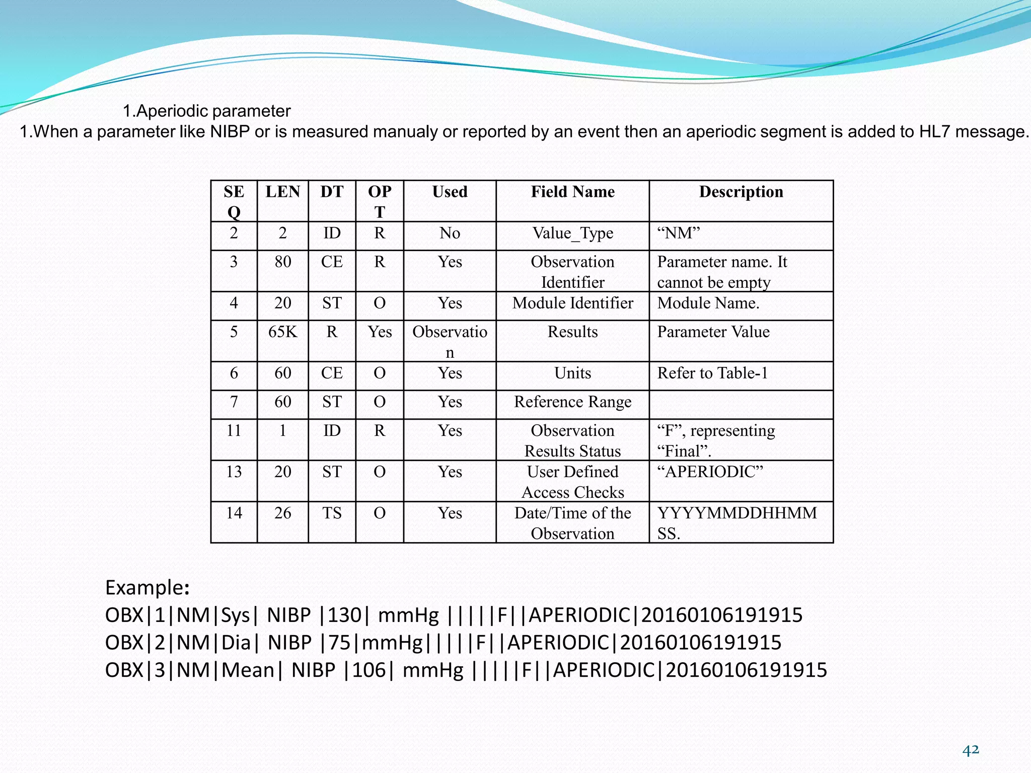 SE
Q
LEN DT OP
T
Used Field Name Description
2 2 ID R No Value_Type “NM”
3 80 CE R Yes Observation
Identifier
Parameter name. It
cannot be empty
4 20 ST O Yes Module Identifier Module Name.
5 65K R Yes Observatio
n
Results Parameter Value
6 60 CE O Yes Units Refer to Table-1
7 60 ST O Yes Reference Range
11 1 ID R Yes Observation
Results Status
“F”, representing
“Final”.
13 20 ST O Yes User Defined
Access Checks
“APERIODIC”
14 26 TS O Yes Date/Time of the
Observation
YYYYMMDDHHMM
SS.
1.Aperiodic parameter
1.When a parameter like NIBP or is measured manualy or reported by an event then an aperiodic segment is added to HL7 message.
Example:
OBX|1|NM|Sys| NIBP |130| mmHg |||||F||APERIODIC|20160106191915
OBX|2|NM|Dia| NIBP |75|mmHg|||||F||APERIODIC|20160106191915
OBX|3|NM|Mean| NIBP |106| mmHg |||||F||APERIODIC|20160106191915
42
 