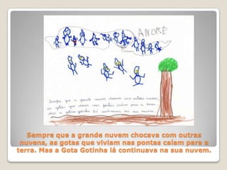 Sempre que a grande nuvem chocava com outras nuvens, as gotas que viviam nas pontas caíam para a terra. Mas a Gota Gotinha lá continuava na sua nuvem.