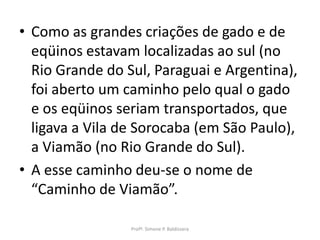 • Como as grandes criações de gado e de
  eqüinos estavam localizadas ao sul (no
  Rio Grande do Sul, Paraguai e Argentina),
  foi aberto um caminho pelo qual o gado
  e os eqüinos seriam transportados, que
  ligava a Vila de Sorocaba (em São Paulo),
  a Viamão (no Rio Grande do Sul).
• A esse caminho deu-se o nome de
  “Caminho de Viamão”.

                 Profª. Simone P. Baldissera
 