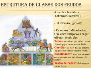 ESTRUTURA DE CLASSE DOS FEUDOS
                   -O senhor feudal e a
                    nobreza (Guerreiros);

                   - O Clero (religiosos);

                   - Os servos ( Mão-de-obra)
                   Que eram obrigados a pagar
                   tributos, sendo eles:
                   Talha= metade da produção o servo
                    deveria pagar para o senhor feudal;
                   Corvéia= de 3 a 4 dias de trabalho
                    de graça nas terras do senhor feudal;
                   Banalidades= taxas que os servos
                   pagavam para usar as instalações do
                   castelo;
                   Tostão de Pedro= dízimo pago
                    para a Igreja.
 